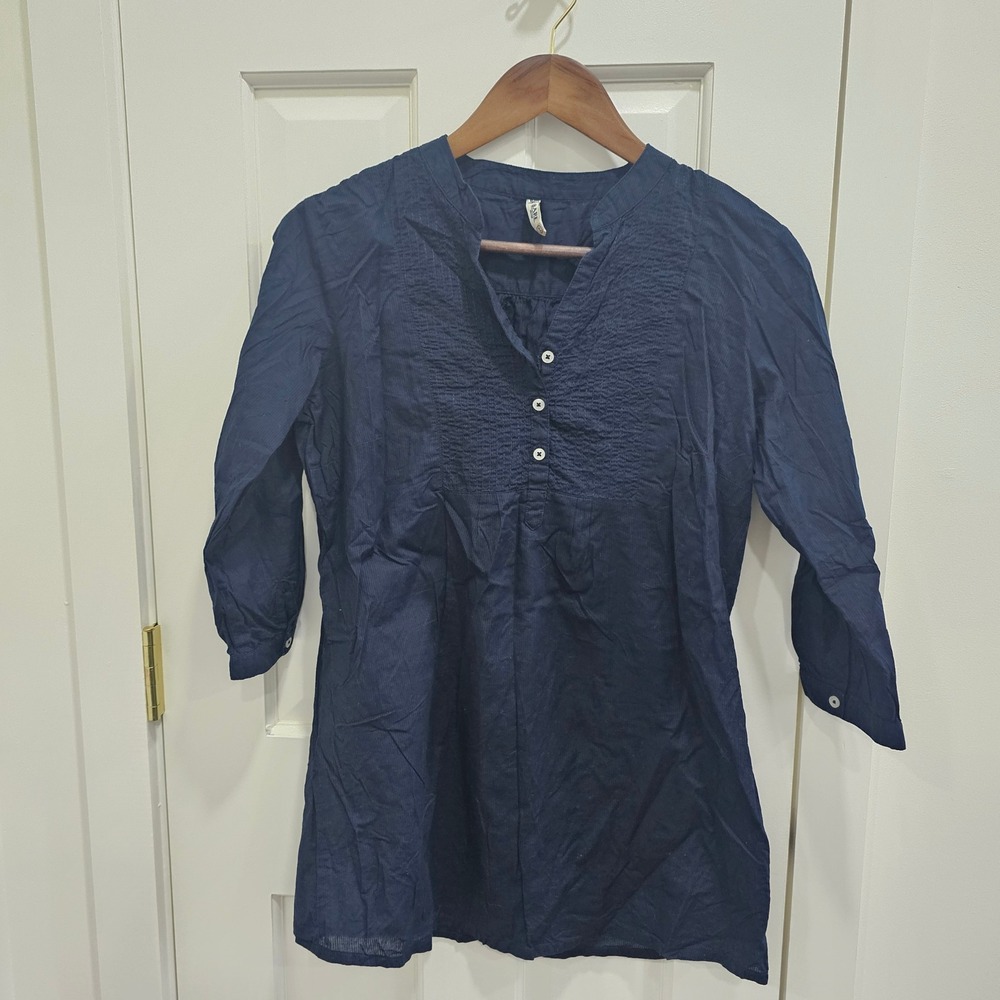 BARE DENIM Women Navy Blue 3/4 Sleeve Pintuck Tunic Top Size L